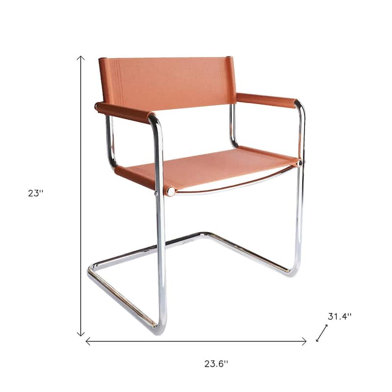 HomeRoots 23" Silver And Terra Cotta Leather and Stainless Steel Arm Chair - 22.95 in. x 31.30 in. x 23.62 in.