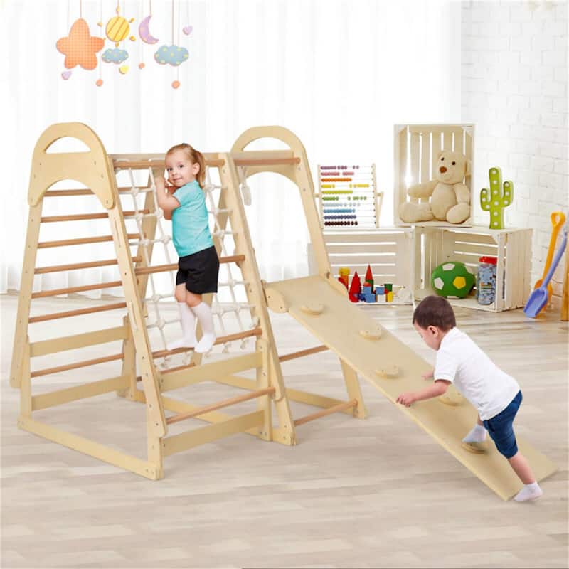 6-in-1 Indoor Kids Jungle Gym Playset with Slide and Climbing Ladder Monkey Bars and Tent - 45.5" x 42.5" x 50"