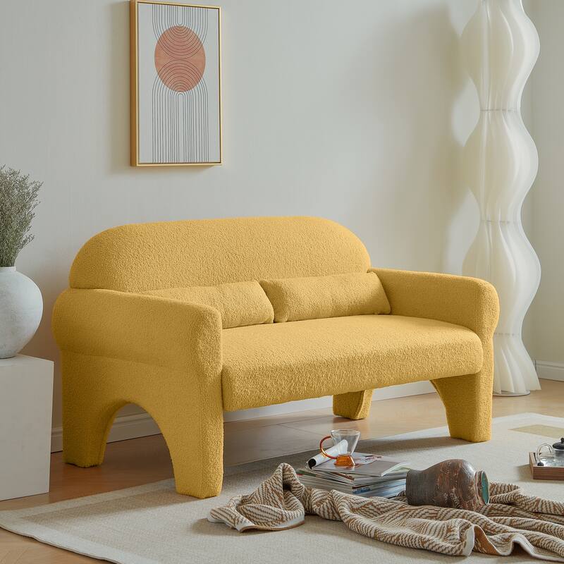 Featured Sofa with Lumbar Pillow, 2 Seater Couch with Solid Wood Frame, Loveseat Sofa for Reading Room Bedroom - Yellow