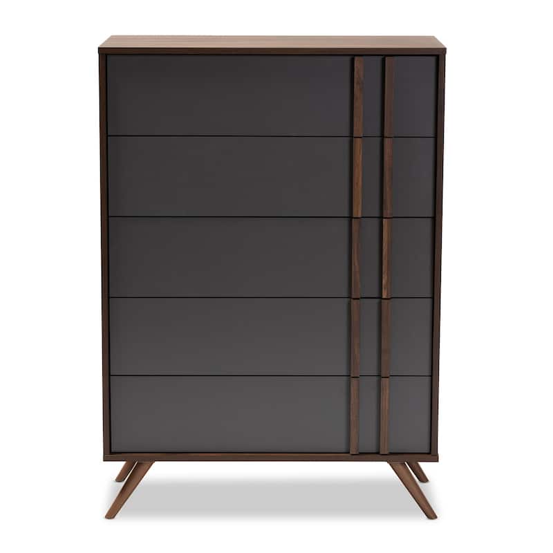 5-Drawer Wood Bedroom Chest - Modern Grey Walnut Finish - Storage Dresser
