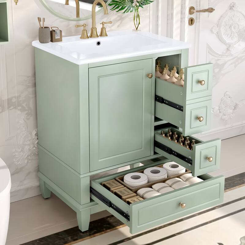 24" Freestanding Bathroom Vanity with Sink - Ceramic Top, Drawers & Shelves, MDF & Solid Wood Base, for Small Bathrooms - Green