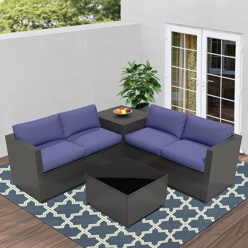 Zenova Patio Conversation Sets,Wicker Rattan Chairs Sofa Sets,Patio Furniture Seating - 5-piece - Navy Blue-2