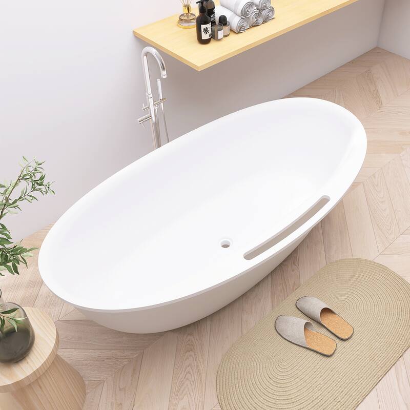63/67 Inch Stone Resin Solid Surface Freestanding Soaking Bathtub with Center Drain in Matte White