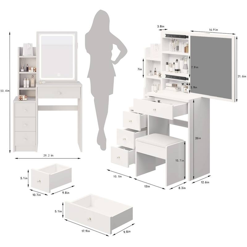 Small Space Left Bedside Cabinet Vanity Table + Cushioned Stool