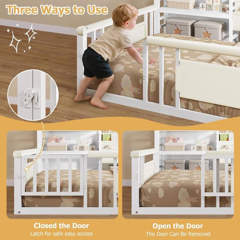 Twin Floor Bed for Kids with High Fence Door Storage Bookcase & Shelf