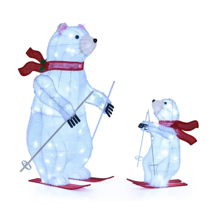 White-Red Metal Fabric Animated Skiing Polar Bears Christmas Decoration Set with 160 LEDs - 23" x 16.5" x 37"