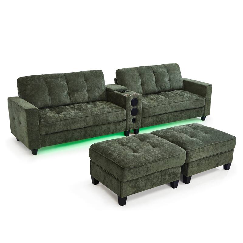 126" U-Shaped Sectional Sofa with Storage Ottomans & Bluetooth Speakers - Modular Couch with LED Lights, Console