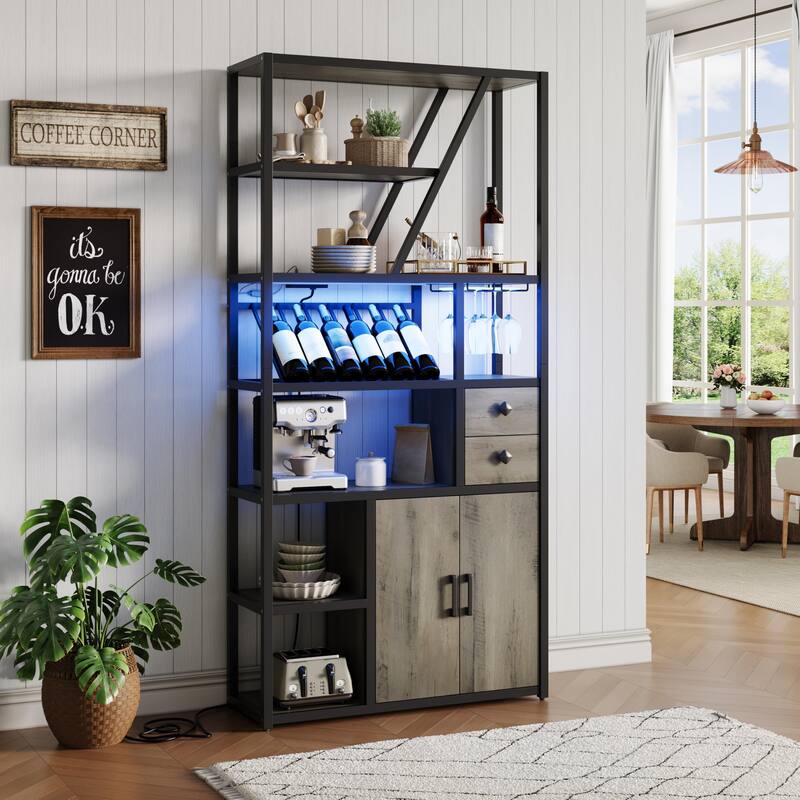 Wine Bar Cabinet with LED Lights, Tall Coffee Bar Station with Power Outlets and Wine Rack - Grey