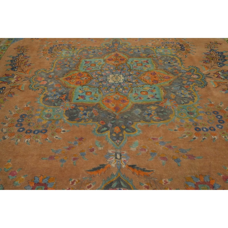 Hand Knotted Oriental 100% Wool Carpet Traditional Floral Oranges & Rust Tabriz Area Rug - 13' 0'' X 9' 8''