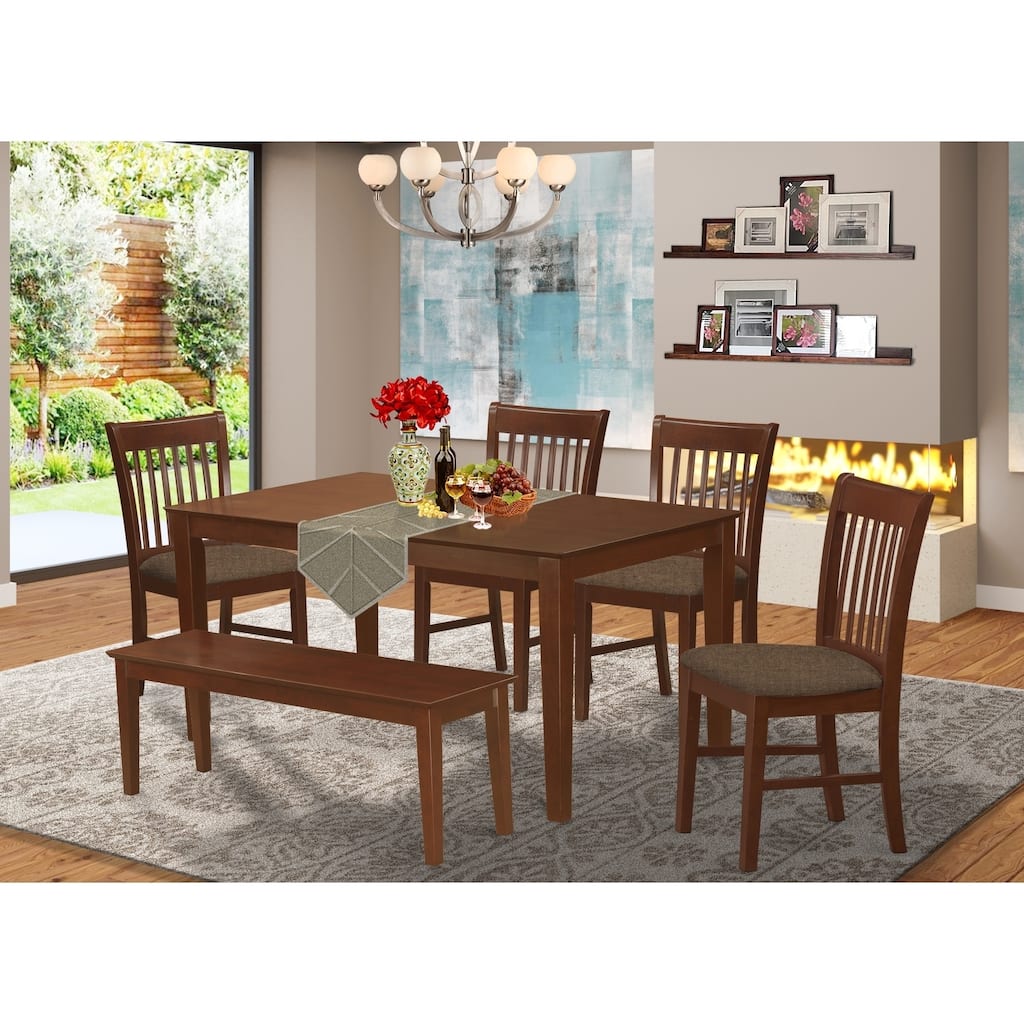 HomeStock 6-Piece Rectangle Mahogany Finish Solid Wood Top Dining Table with 1 Bench, 4 Chairs