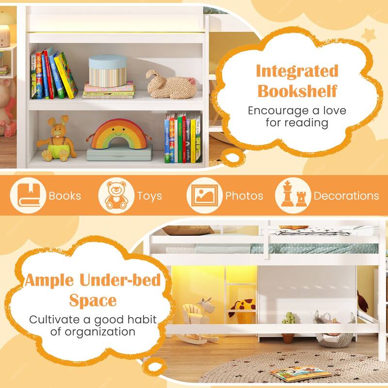White Twin Size Loft Bed with LED Light House Design Bookshelf and Under Bed Play Space Pine Wood Frame for Kids