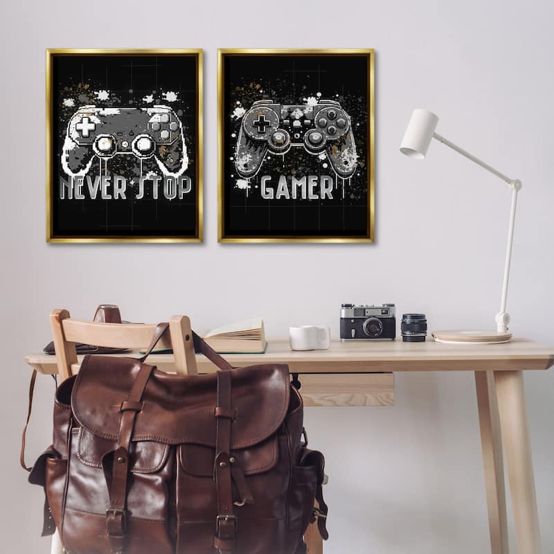 Stupell Modern Gamer Controller Phrases Framed Floater Canvas Wall Art Design By Kim Allen (Set of 2)