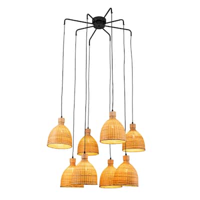 James 8-Light Cluster Pendant Light Rattan Dome Shade Staircase Chandelier in Matte Black - 39 Wide