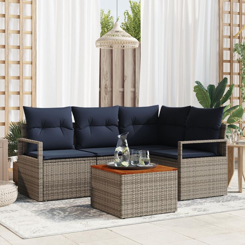 vidaXL 5 Garden Sofa Set with Cushions Black/Grey Poly Rattan - 69.7 x 48 x 27.2 - Grey