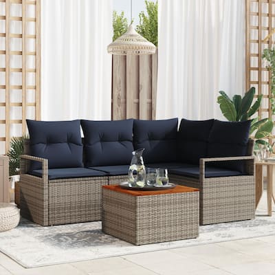vidaXL 5 Garden Sofa Set with Cushions Black/Grey Poly Rattan - 69.7 x 48 x 27.2
