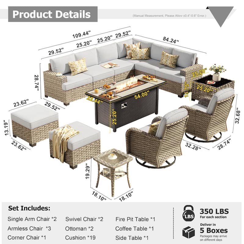 XIZZI 13-Piece Outdoor Wicker Sectional Swivel Chairs Set with Firepit Table