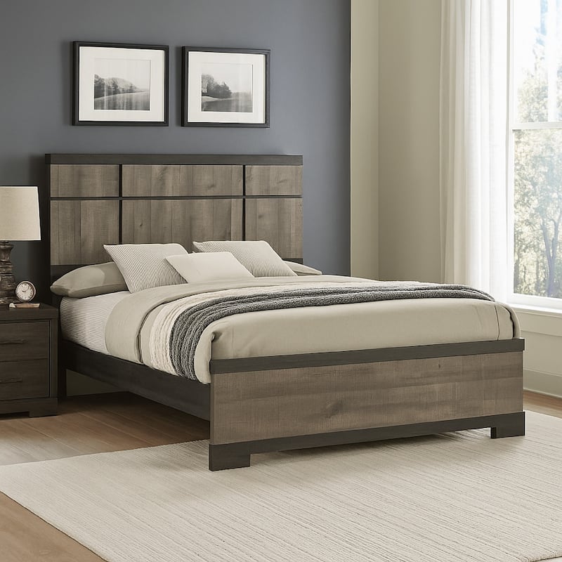 Ruthe Queen Panel Bed with Horizontal Trim Lines, Gray Grained Wood