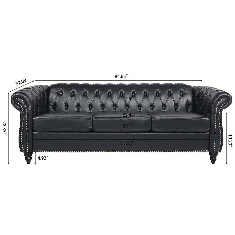 84.65" Chesterfield Tufted Faux Leather Sofa with Rolled Arms