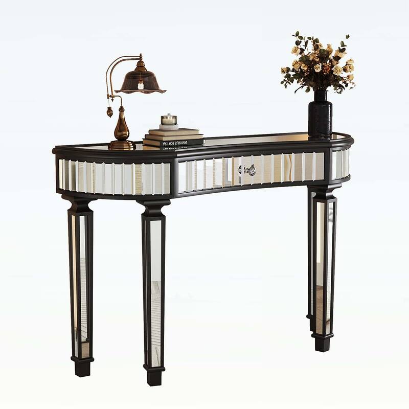 Half-Moon Mirrored Console Table with Fluted Glass,Crystal Knob Drawer