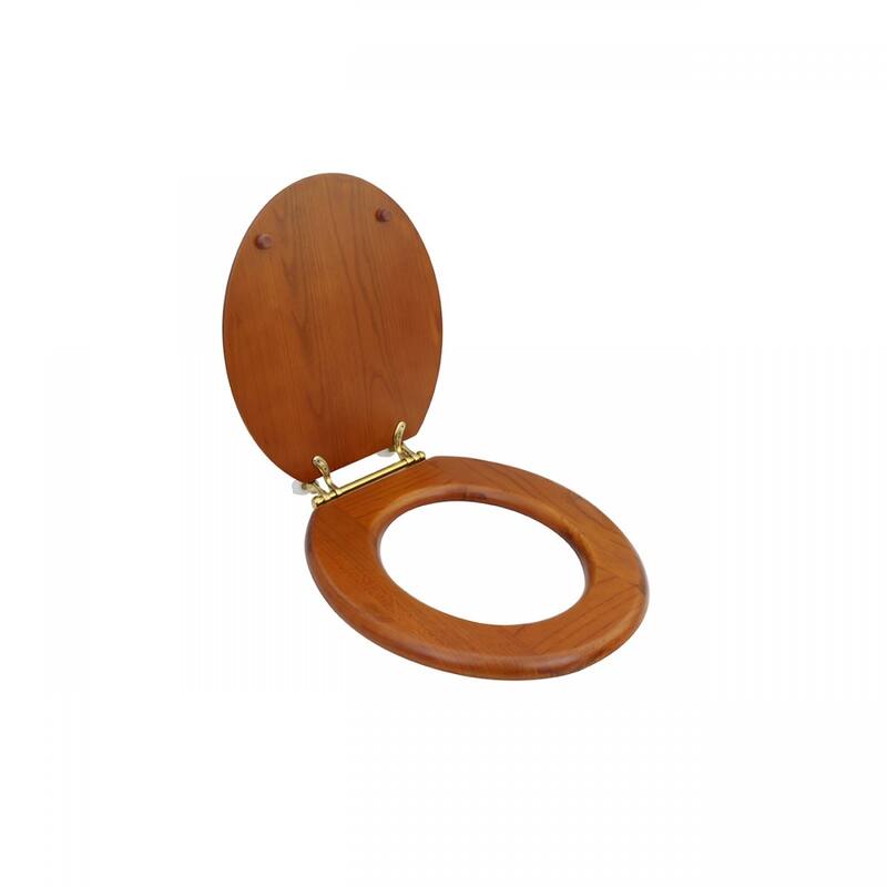 Light Mahogany Wooden Round Toilet Seat with Brass PVD Hinges and Non Slip Bumper