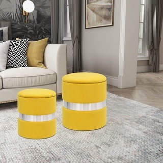 Adeco Set of 2 Velvet Storage Ottoman Round Foot Stool Metal Band