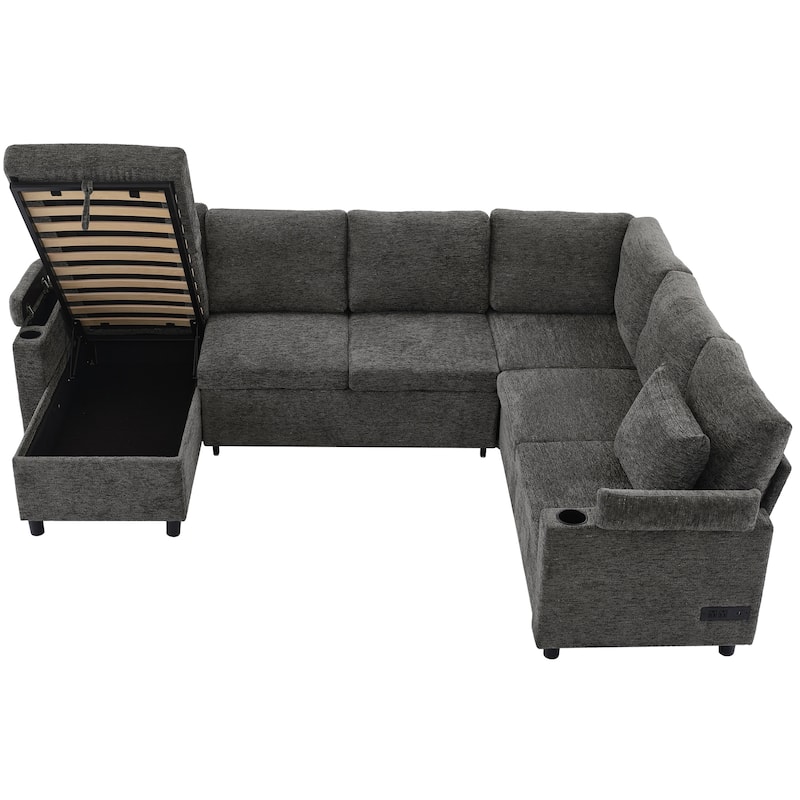 Roomfitters U-Shaped Sectional Sleeper Sofa with Storage, USB Ports and Cup Holders, Convertible Bed for Living Room