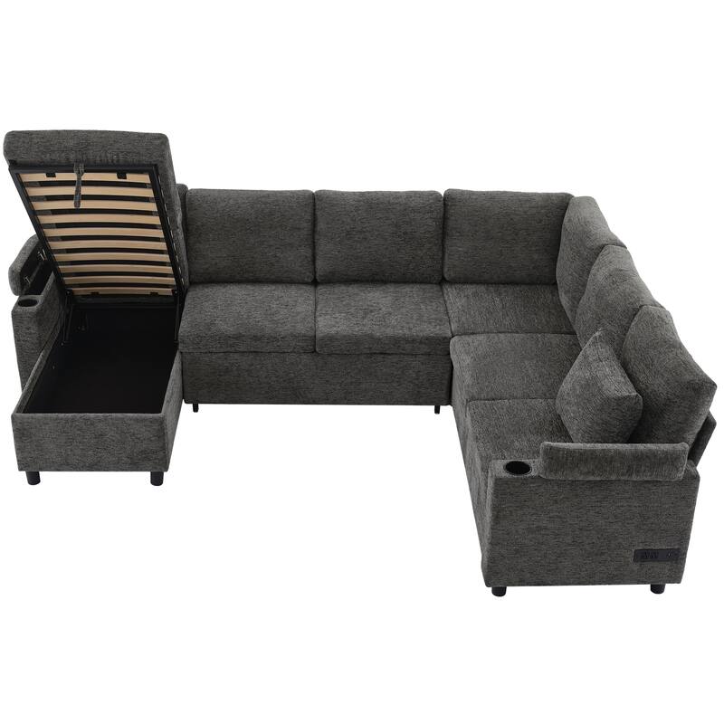 U-Shaped Chenille Sectional Sofa with Storage Chaise Lounge, Convertible Sleeper Sofa Bed with Cup Holders & Charging Ports