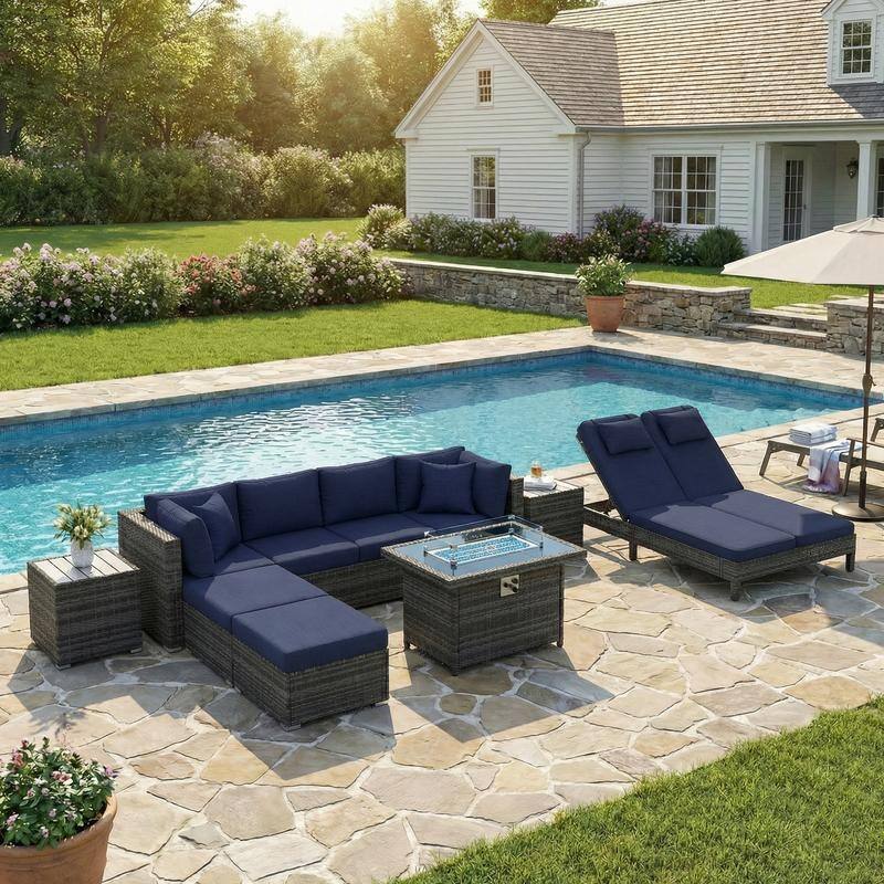 Outdoor Sectional Conversation Set PE Wicker with Double Chaise Lounge, 60,000 BTU Fire Pit Table - 10-Piece/Ottoman & Table - Navy