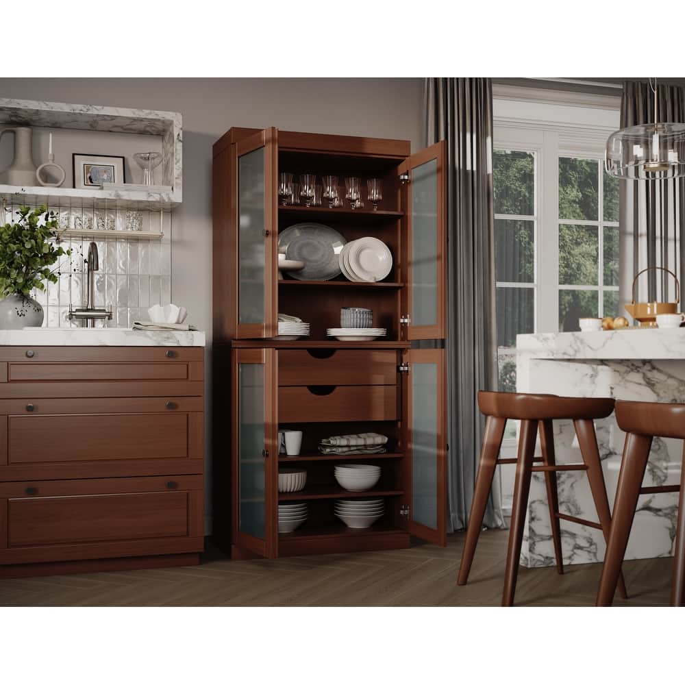 Palace Imports 100% Solid Wood Pantry Cabinet with Frosted Glass Doors, 2-Drawers and Adjustable Shelves - 32" x 71.5"