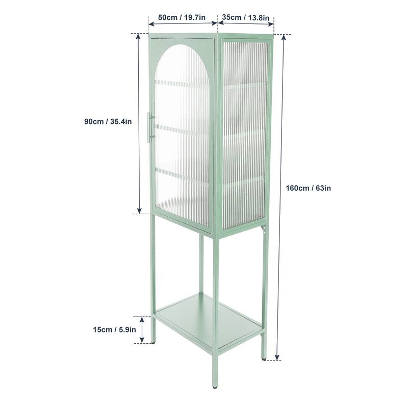 Stylish Tempered Glass High Cabinet with Arched Door Adjustable Shelves and Feet Anti-Tip Dust-free Fluted Glass Kitchen
