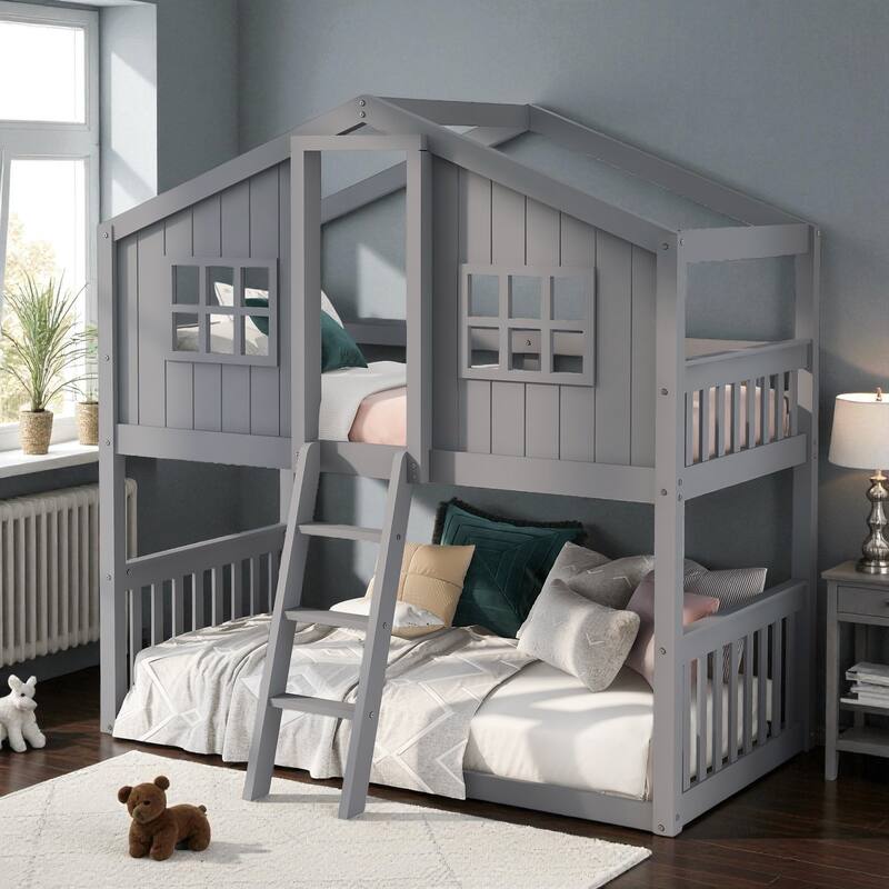 Twin Over Twin House Bunk Bed with Roof and Ladder, Solid Wood Frame, Playhouse Style Kids Bed, No Box Spring Needed - Grey - Twin