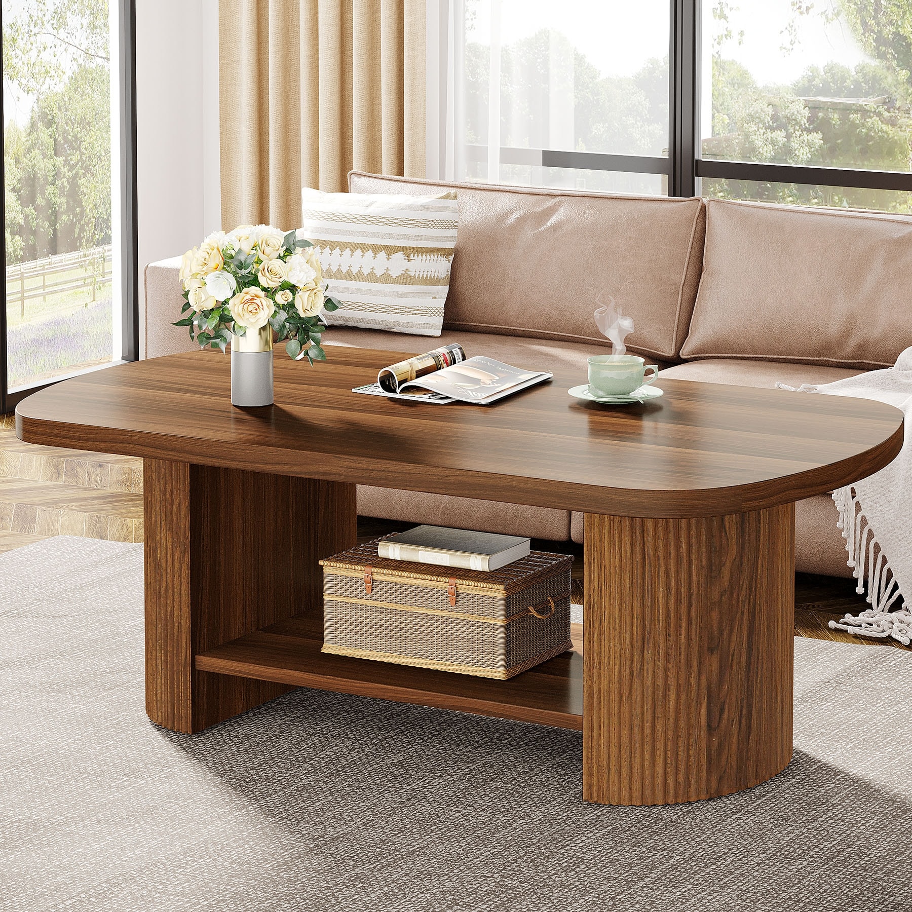 45.27" Long Oval Coffee Table with Storage Shelf