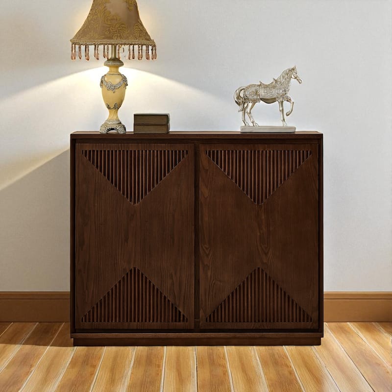 39" V-Shape Fluted Storage Cabinet, Mid Century Modern Buffet Sideboard with Outlet Holes for Entryway Kitchen - Dark Walnut