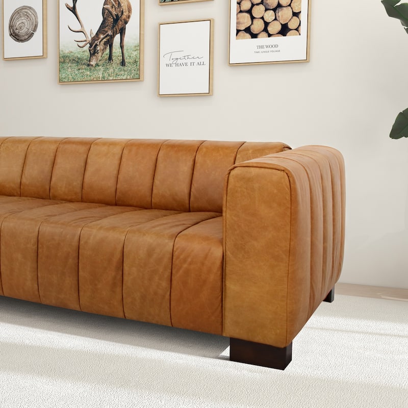 Hazel 93" Wide Mid Century Modern Living Room Leather Couch in Tan