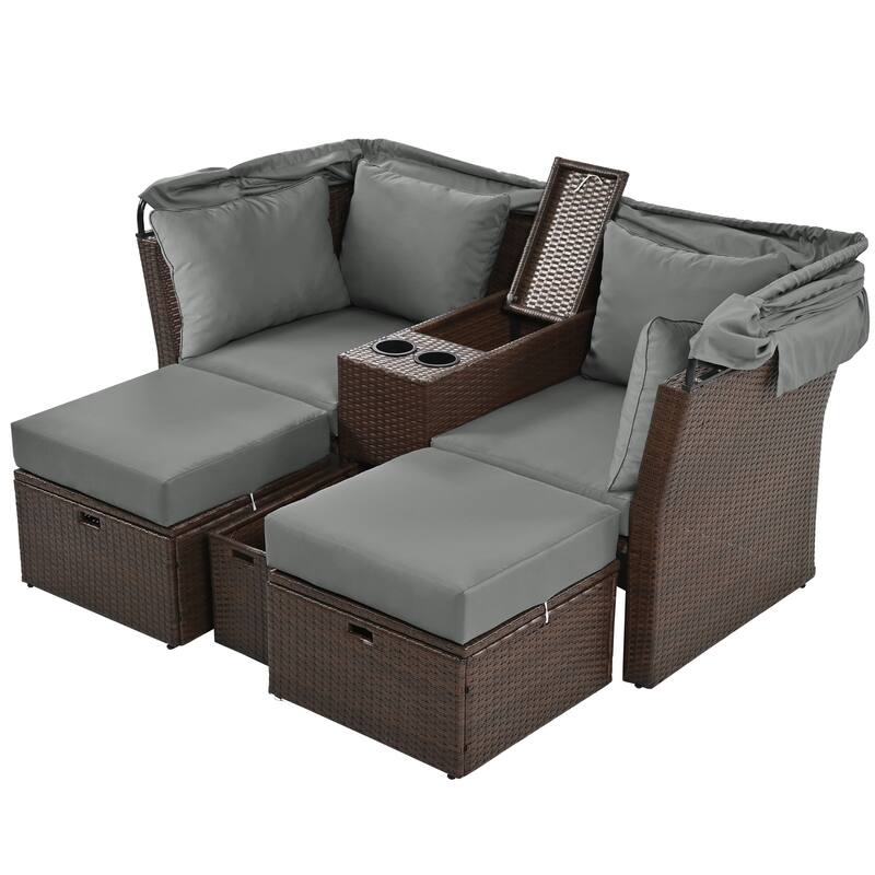 Outdoor Convertible Daybed Loveseat Sofa Set with Canopy & Console