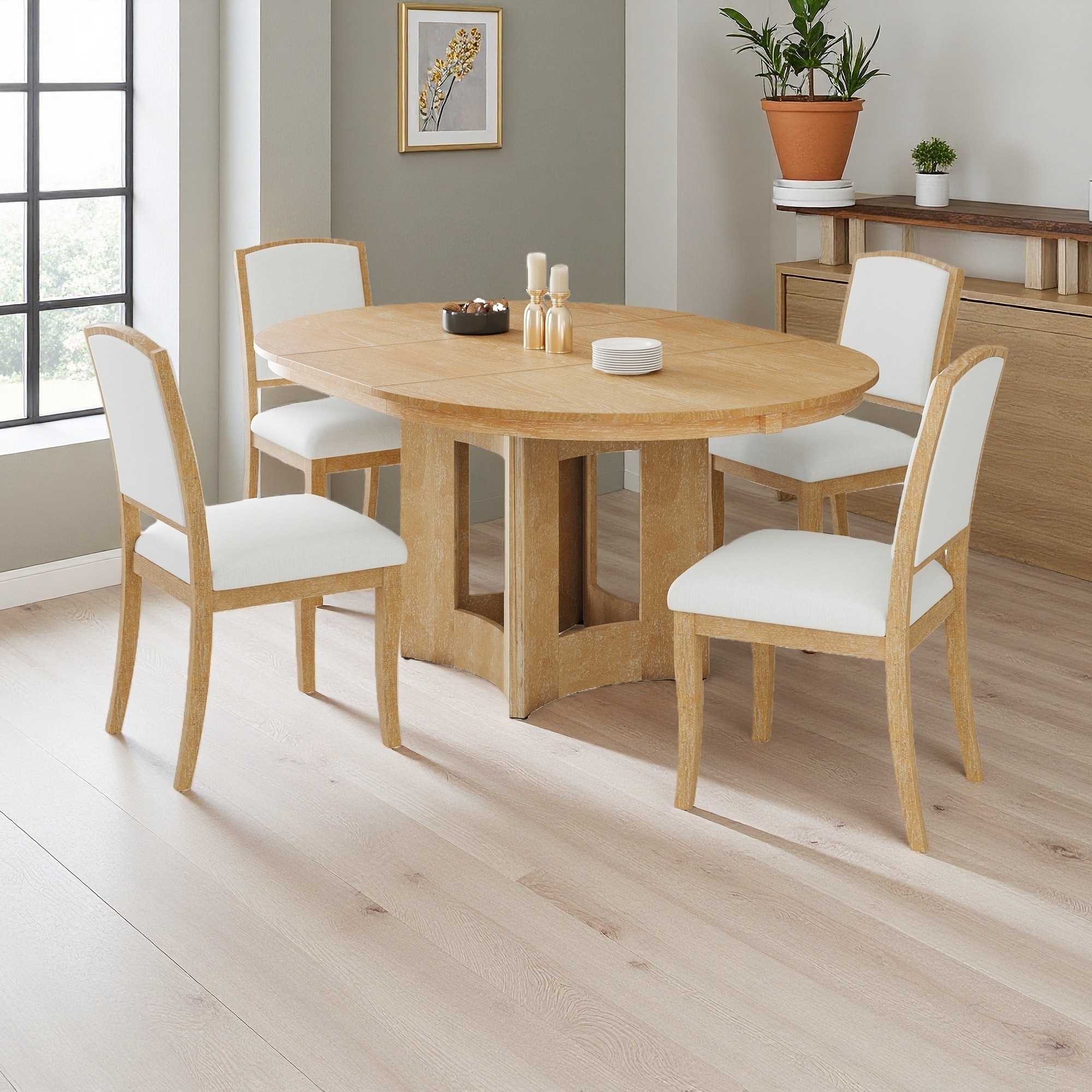 5-Piece Dining Set with Extendable Round Table and 4 Upholstered Chairs