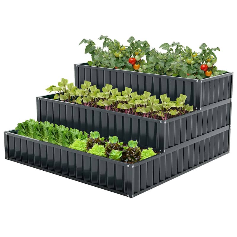 Costway 1/2 PCS 3-Tier Raised Garden Bed,47" x 47" x 24" Metal Outdoor - 1 PCS-Black - 1 pcs
