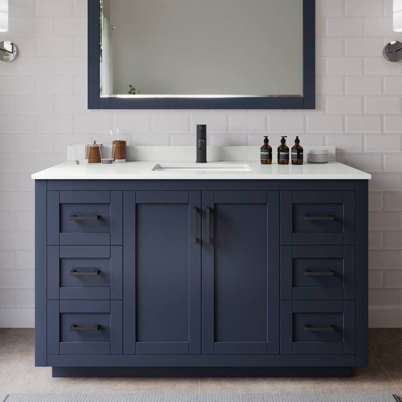 Wyndham Collection WCF292954S-QTZ-UNSM46 Miranda 54" Free Standing - Dark Blue / White Quartz Top / Matte Black