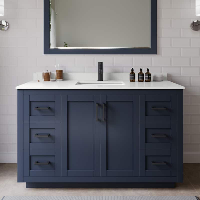 Wyndham Collection WCF292954S-QTZ-UNSMXX Miranda 54" Free Standing - Dark Blue / White Quartz Top / Matte Black