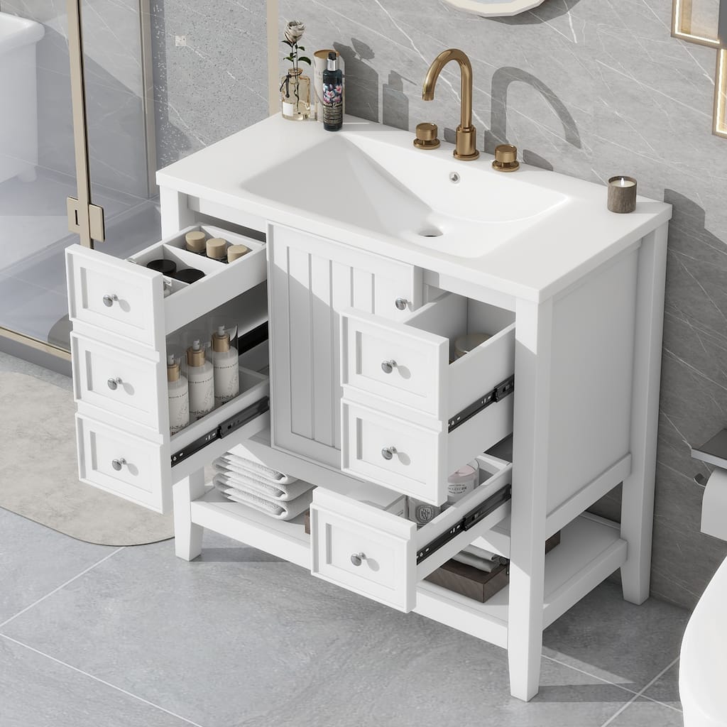 36" Bathroom Vanity with Sink, One Cabinet and Three Drawers, Solid Wood and MDF Board, White