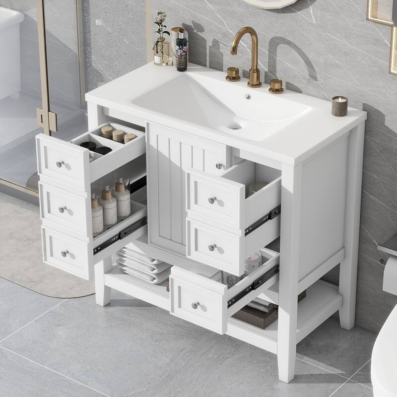 36" Bathroom Vanity with Sink Combo, One Cabinet and Three Drawers, Solid Wood and MDF Board - White