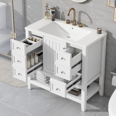 36" Bathroom Vanity with Sink Combo, One Cabinet and Three Drawers, Solid Wood and MDF Board