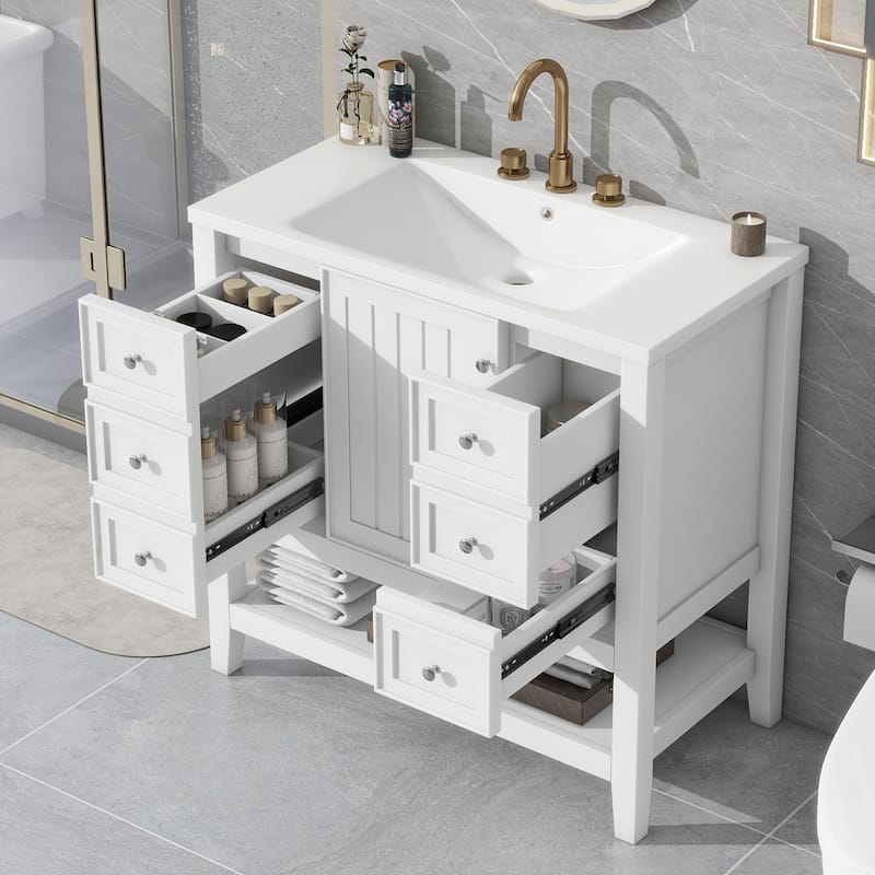 Freestanding 36" Bathroom Vanity Cabinet with Ceramic Sink & Open Storage Shelf