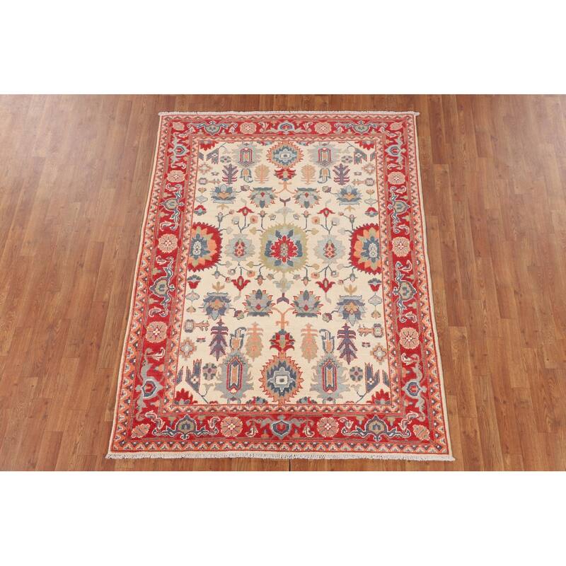 Blue Geometric Kazak Area Rug Hand-Knotted Oriental Wool Carpet - 4'11" x 6'7"