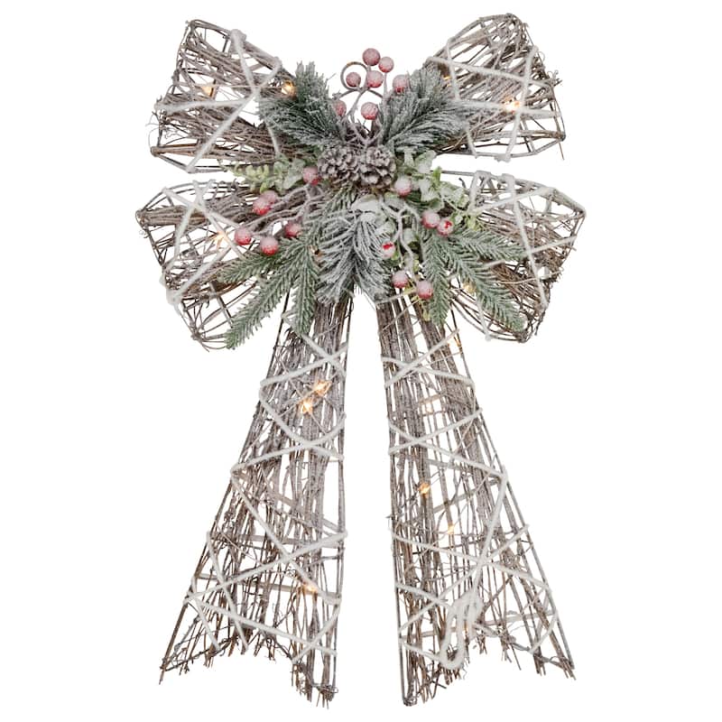 23" LED Lighted Frosted Rattan Christmas Bow Decoration
