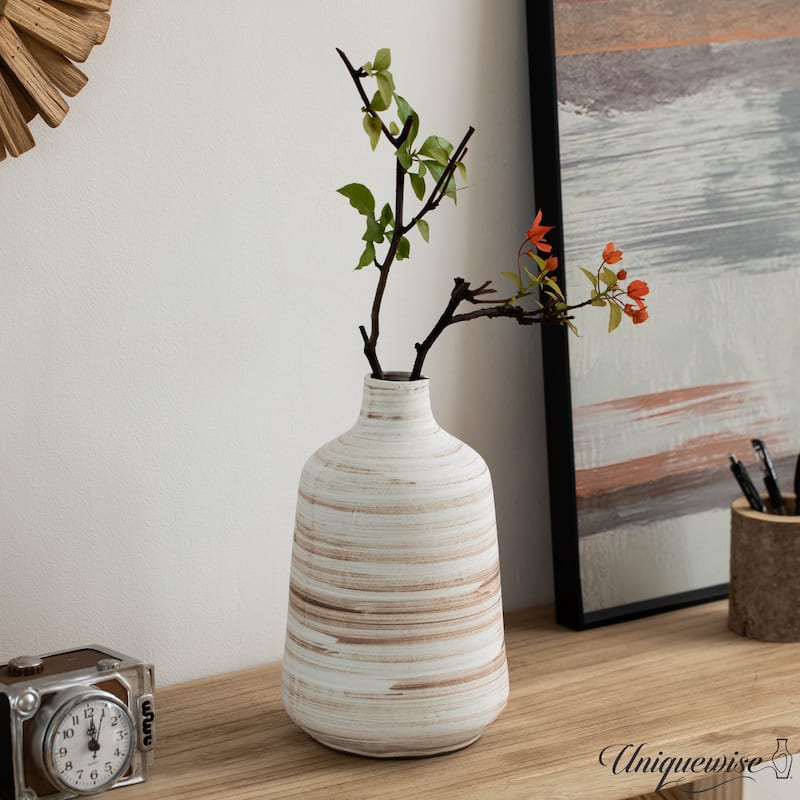 Uniquewise 11" Whitewashed Bottle-neck Decorative Pottery Flower Vase Boho Home Decor for Living Room Bedroom Kitchen & Entryway