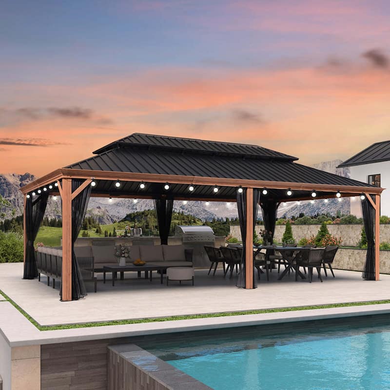 PURPLE LEAF Hardtop Gazebo Galvanized Steel Roof Gazebo Pergola w Wooden Coated Alumninum Frame and Mosquito Net