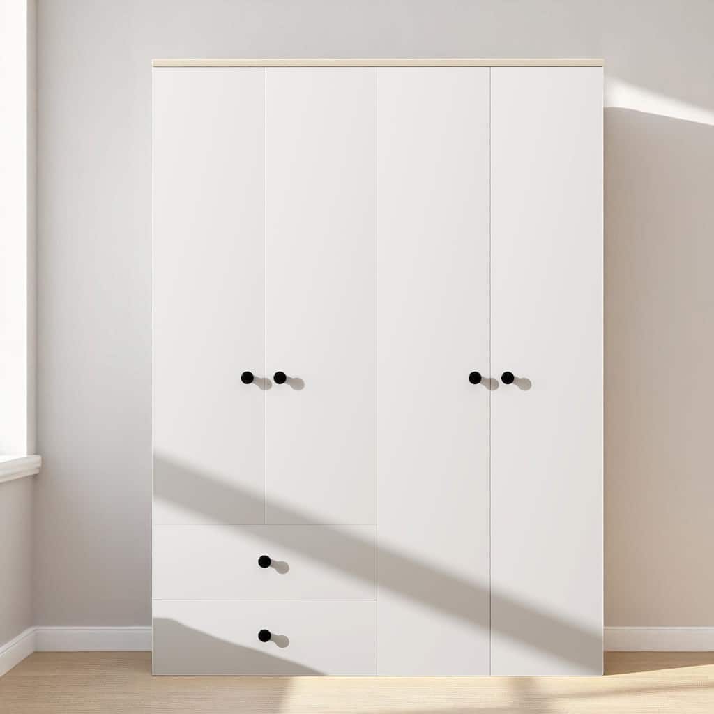 4 Door Wardrobe Armoire Closet with 2 Drawers, Shelves and Dual Hanging Rods, Pine Wood Storage Cabinet