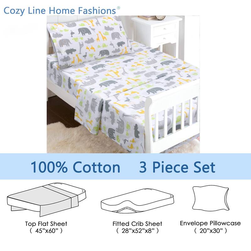 3-Piece Cotton Toddler Sheet Set for Kids Boys & Girls (Animals, Fish, Sports, Floral)