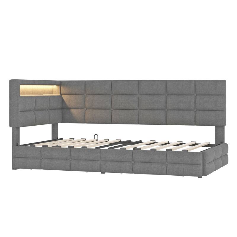 Twin Size Upholstered Daybed L-shaped Daybed with Storage Headboard, 2 Drawers, LED Lights, Charging Station, Linen Fabric